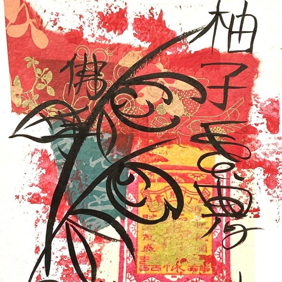 Original Art “Buddha's Hand” Artwork Signed Asian Fusion Collage Painting 9”x12” - Picture 5 of 6